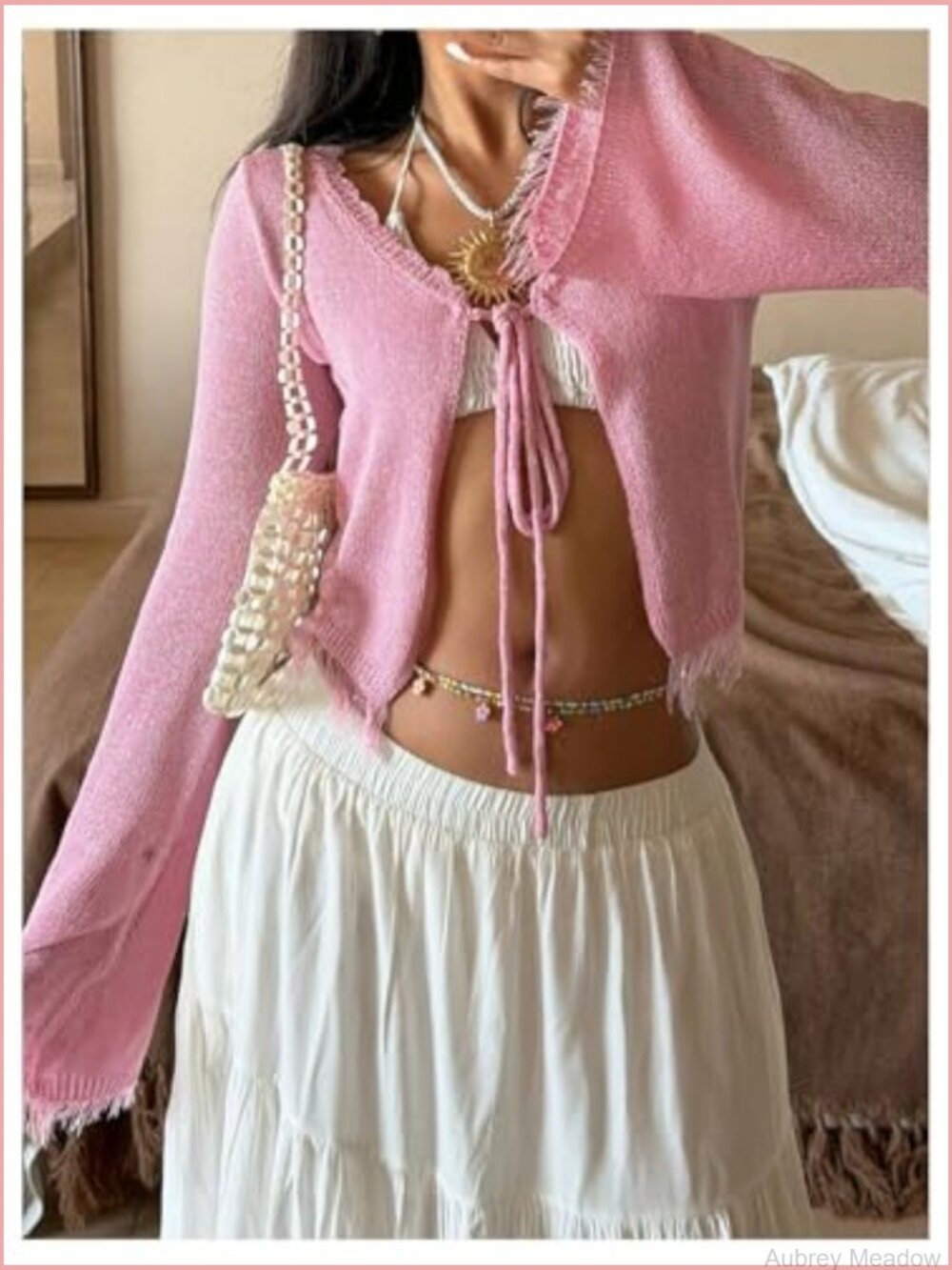 Tie Front Knit Cardigan Shrug V Neck Bell Long Sleeve Y2k Lightweight Summer - Picture 4 of 5